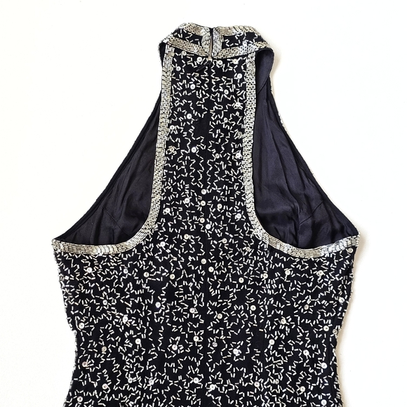 A.J. Bari Petites Silk Hand Beaded Fringe Cocktail Dress Black Silver Gatsby 20s - Picture 10 of 15